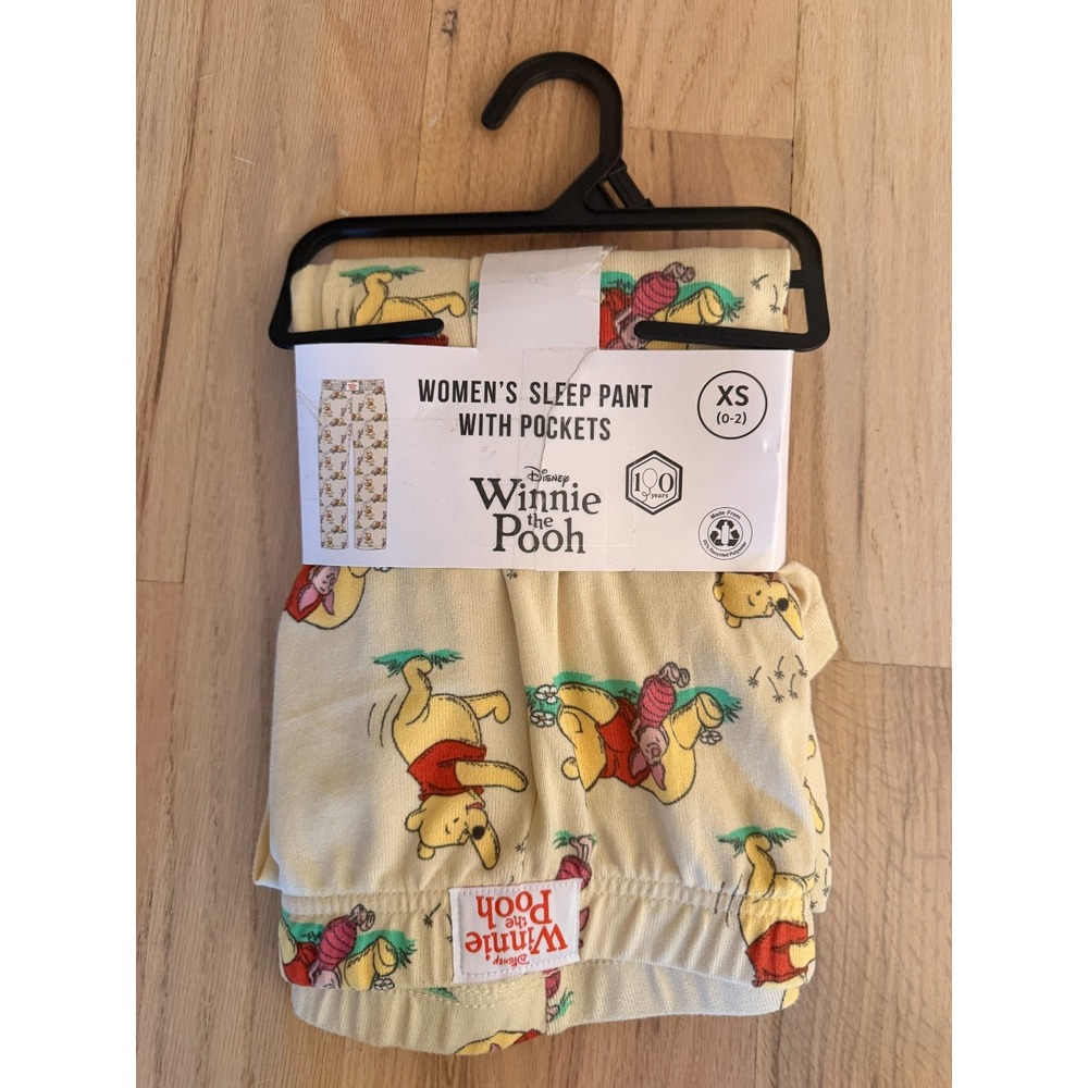 NWT Disney Winnie the Pooh 100 Years Women's Pajama Pants Pockets Yellow XS 0-2